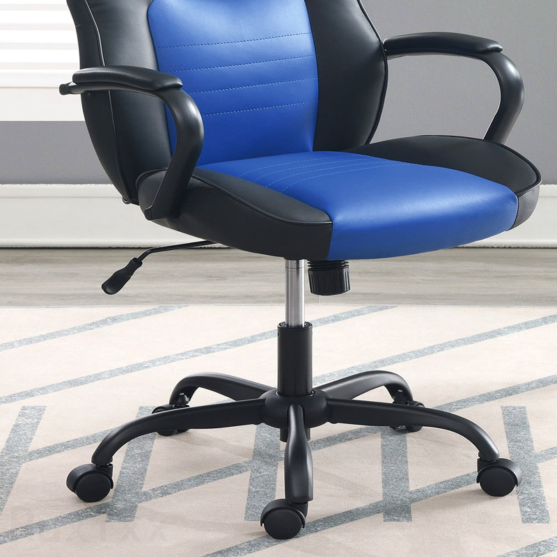 Blue & Black Faux Leather Gaming Office Chair, Casters, Plush Padded Arms, Comfortable Modern Stylish