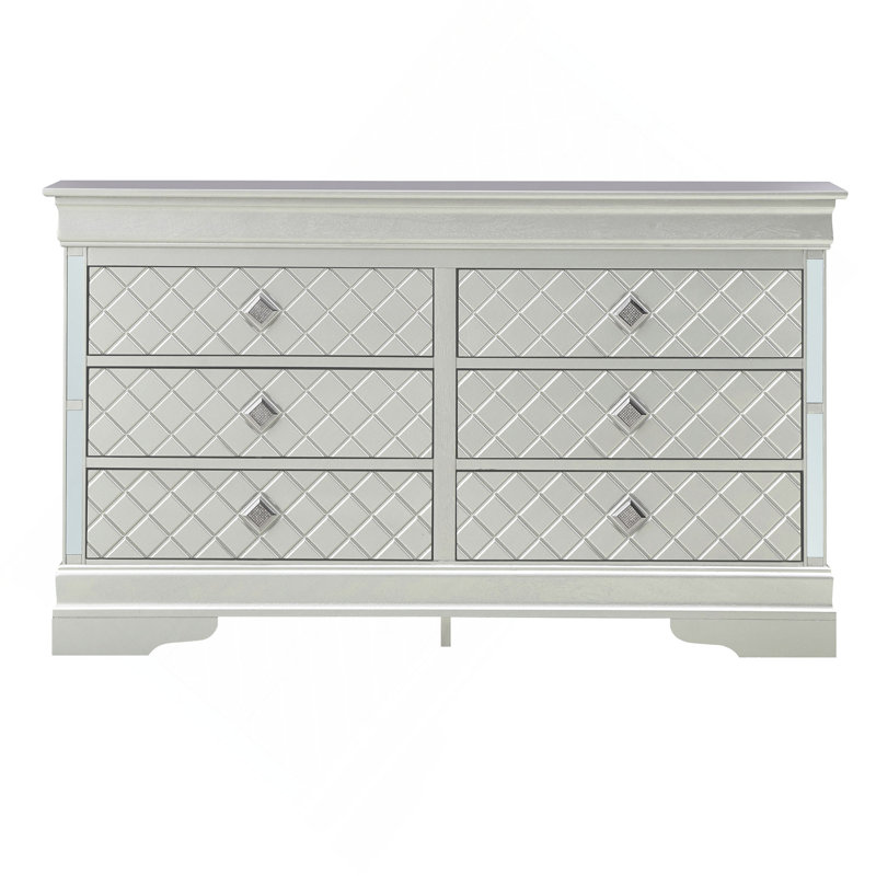 Commode verticale à 6 tiroirs avec façade texturée et poignées décoratives, Champagne