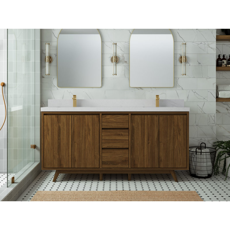 72'' Dark Natural Teak Double Bathroom Vanity with Calacatta Black Top