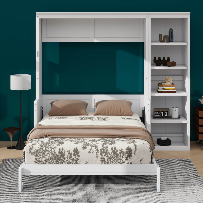 Lit escamotable avec bureau intégré et bibliothèque intégrée, Double, Blanc