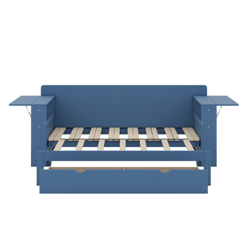 Lit de jour avec bureau amovible, tiroirs de rangement et table d'appoint hydraulique, Bleu