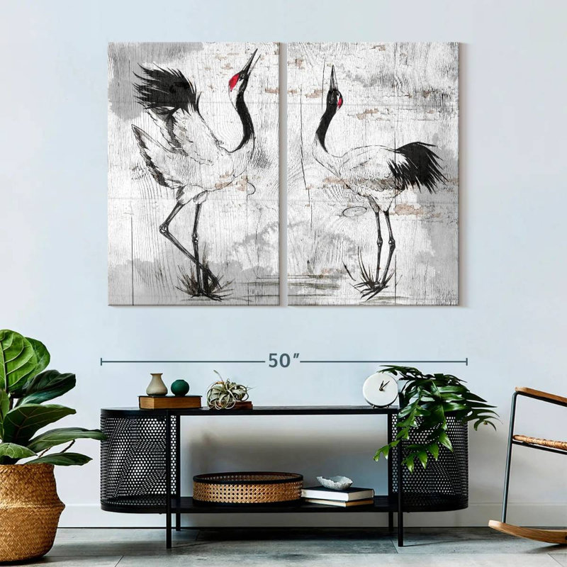Grues japonaises rustiques, reproduction sur toile, H 36 po x l 49 po x P 1,25 po