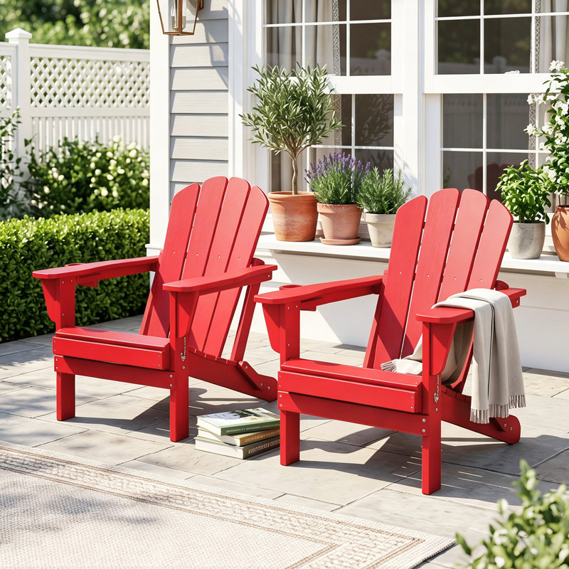 Ensemble de 2 chaises Adirondack pliables en polyéthylène haute densité pour l'extérieur avec porte-gobelets, Red
