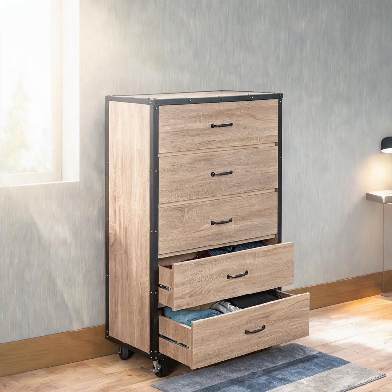 Light Oak Wood Chest with 5 Drawers, Rectangular Storage Dresser on Caster Wheels