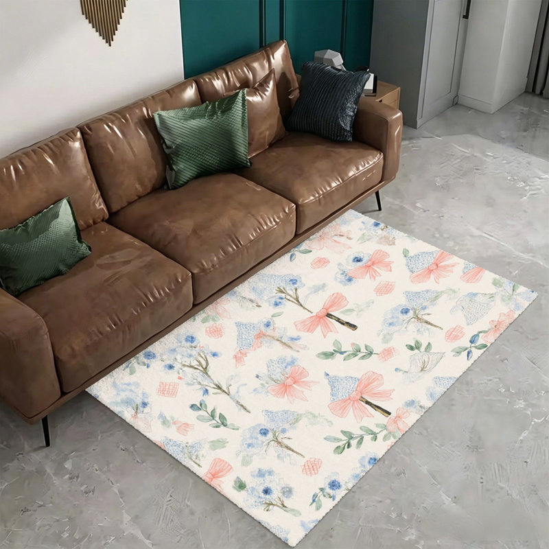 Watercolor Floral Bow 5' x 7' Rug for Outdoor Patio & Bedroom, Blue Pink