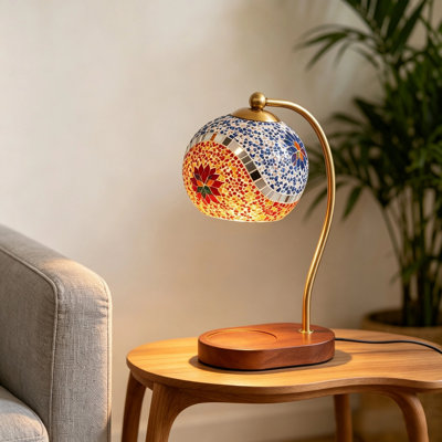 Mosaic Glass Wax Melt Table Lamp, Dimmable & Timable Nightstand Lamp with Control Button, Handmade Colorful Mosaic Shade, Wooden Base Aromatherapy Lamp for Bedroom Living Room Decor