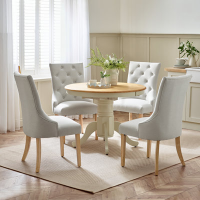 Prestow Extending Solid Wood Table With Eubanks Linen Fabric Chairs - Traditional Rustic Farmhouse