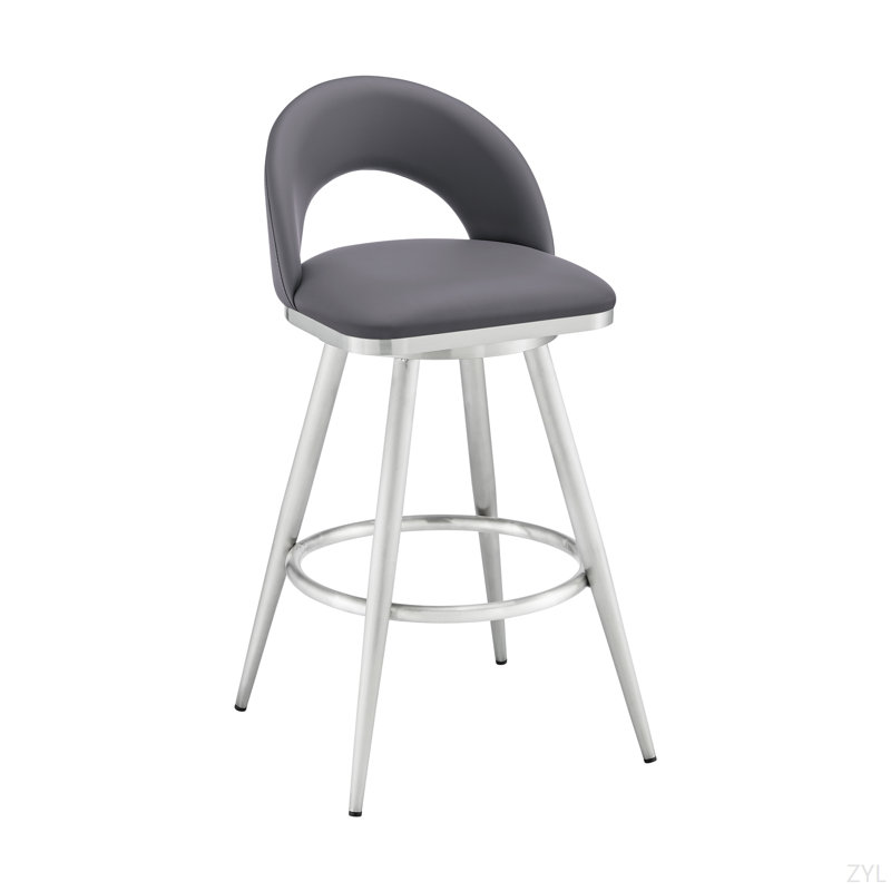 Tabouret tournant en acier inoxydable brossé avec similicuir gris, Tabouret de bar (siège d’une hauteur de 30 po), Gris
