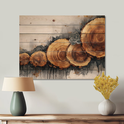 Succulent On A Top Of Wooden Slide River I - Succulent Wood Wall Decor - On Natural Pine Wood