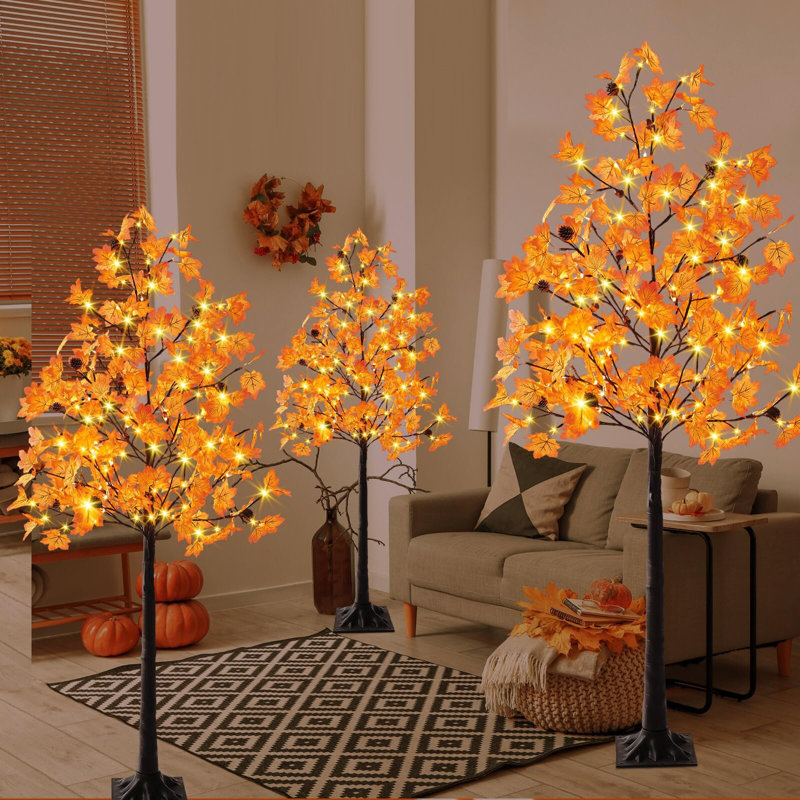 6FT/5FT/4FT Lighted Maple Trees 240LEDs Artificial Fall Trees with Lights Plug,3 Pack
