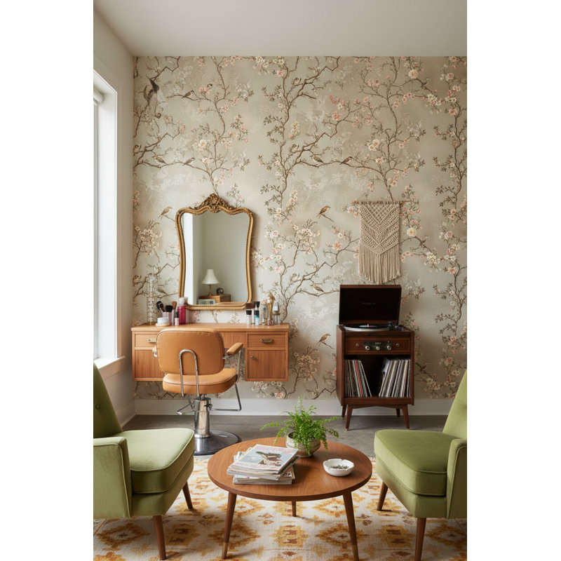 Papier peint floral oiseaux rétro
