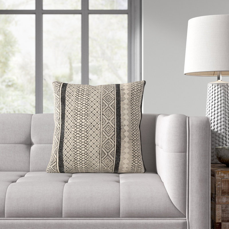 Zetta Geometric Cotton Throw Pillow, Down, Light Beige/Black, 20" x 20"