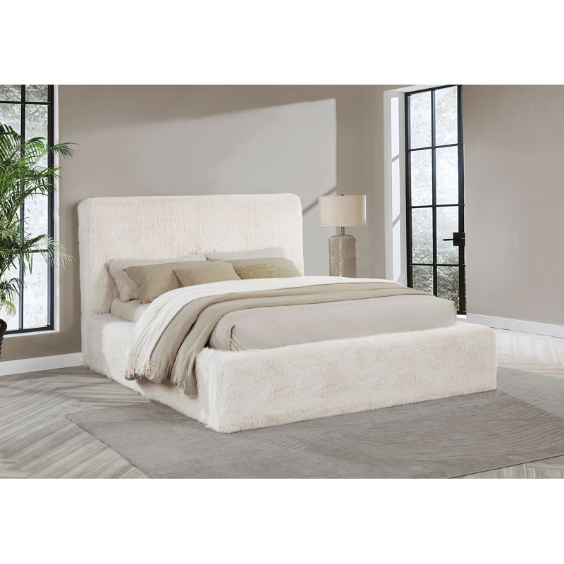 Schriver Faux Fur Upholstered Queen Bed Cream, Queen