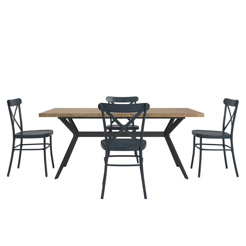 Devan 70" Iron Metal Base Dining Table And X-Back Metal Chairs Set - Table And 4 Chairs, Brown, Navy