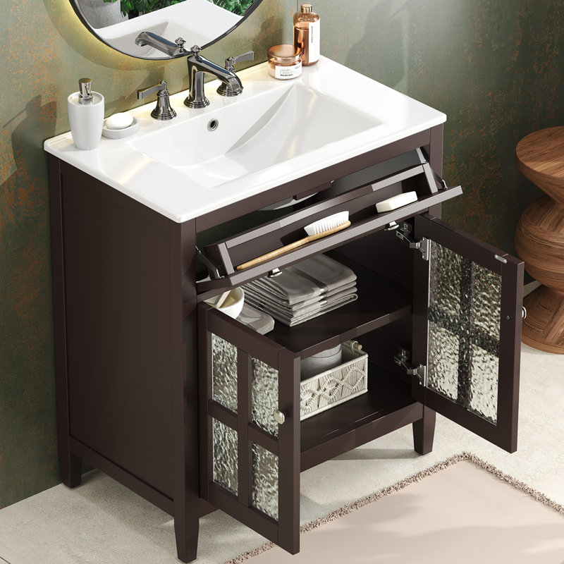 Meuble-lavabo 30 po avec lavabo en céramique et plateau réversible, Marron foncé