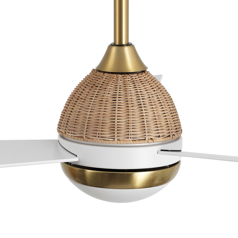 Ventilateur de plafond 52 po à 3 pales en rotin tissé avec lumière DEL et télécommande, Or