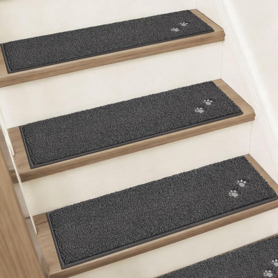 28 inch x 9 inch wooden stair treads are non slip, charcoal carpet stair treads are machine washable, 100% polyester fiber, TPE backing, 15 pieces