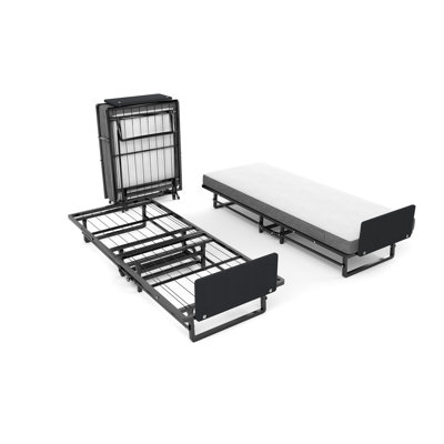 Lit simple pliant en métal avec matelas en mousse, portatif pour différentes pièces, cadre à installation rapide avec 4 roulettes et lit simple, peu encombrant et facile à déplacer dans n'importe quelle pièce