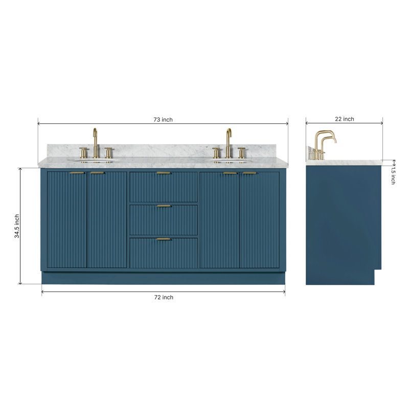 Meuble-lavabo double en bois massif 72 po avec plateau en marbre de Carrare Haun 72 po, Ovale, Bleu rétro