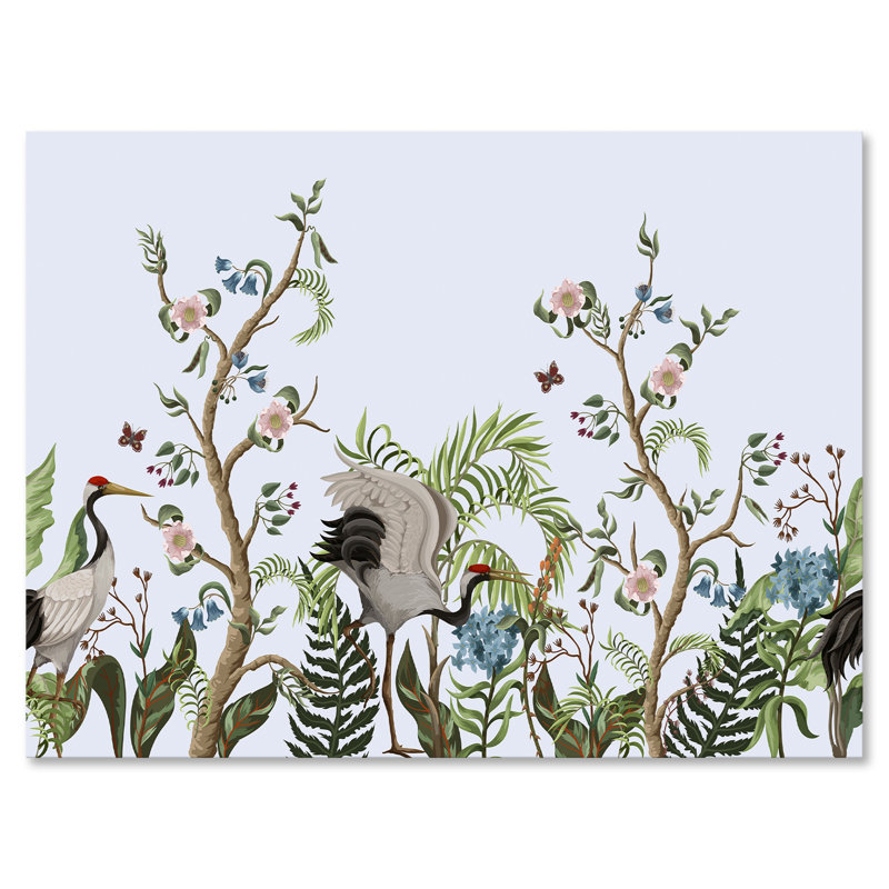 Bordure avec grues et pivoines dans un style chinois - peinture sur toile, H 16 po x l 32 po x p 1 po, Toile tendue