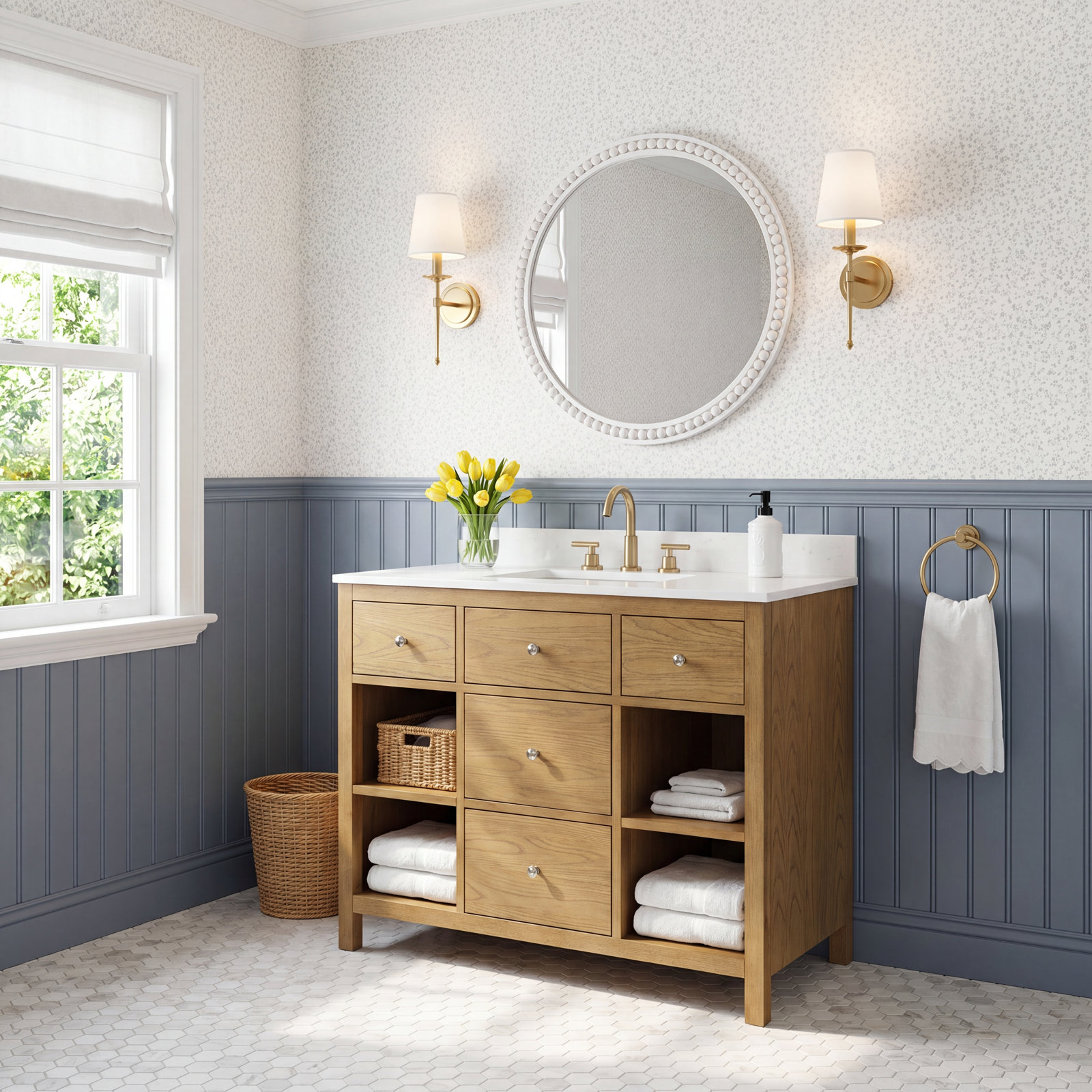 Single Bathroom Vanity, Honey Teak/Gold, 42"