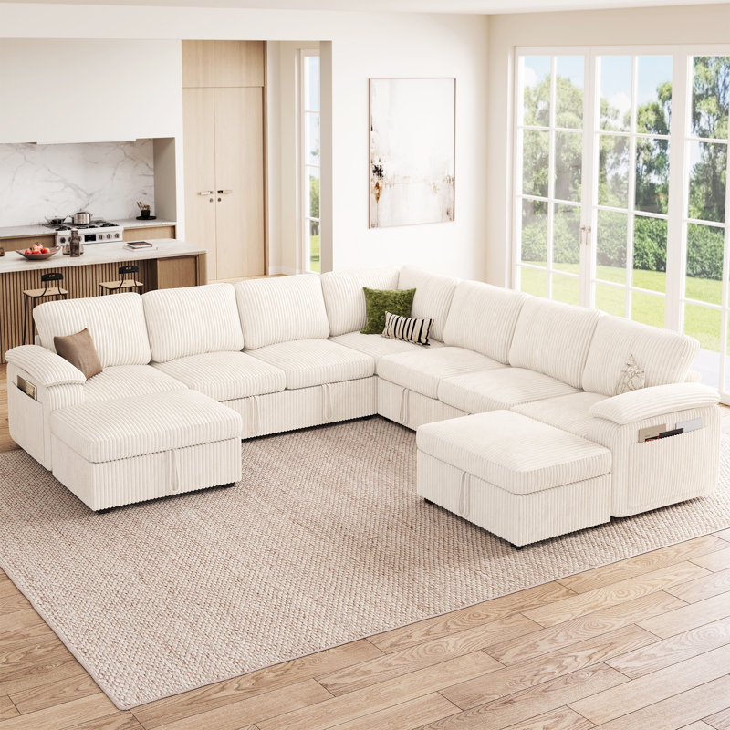 Canapé modulaire en U avec lit escamotable Kristi, canapé-lit modulaire avec rangement Kristi, Velours côtelé beige