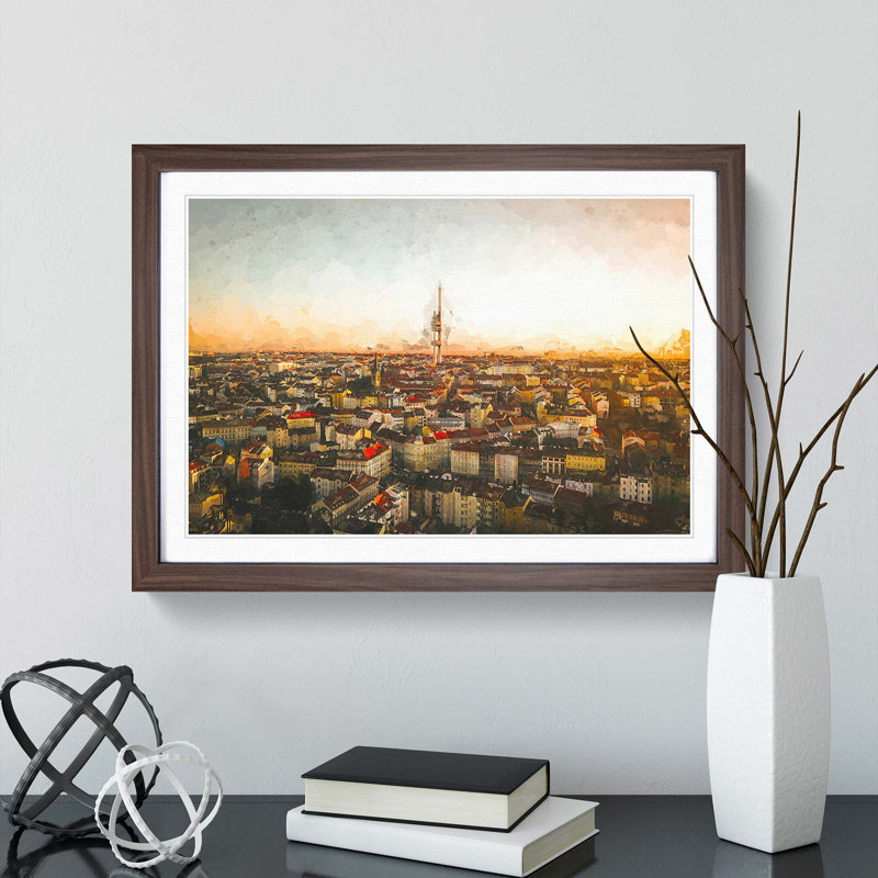 Skyline of Prague in Abstract - Picture Frame Graphic Art Print, 48cm H x 65cm W x 2cm D, Walnut Framed