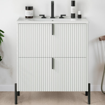 30-Inch White Freestanding Bathroom Vanity With Ceramic Sink, Easy-To-Clean And Stain-Resistant, Vertical Handle + Full-Extension Drawer, Soft-Close Drawer Slides For Silent And Anti-Collision, Groove Design For A Refined Feel