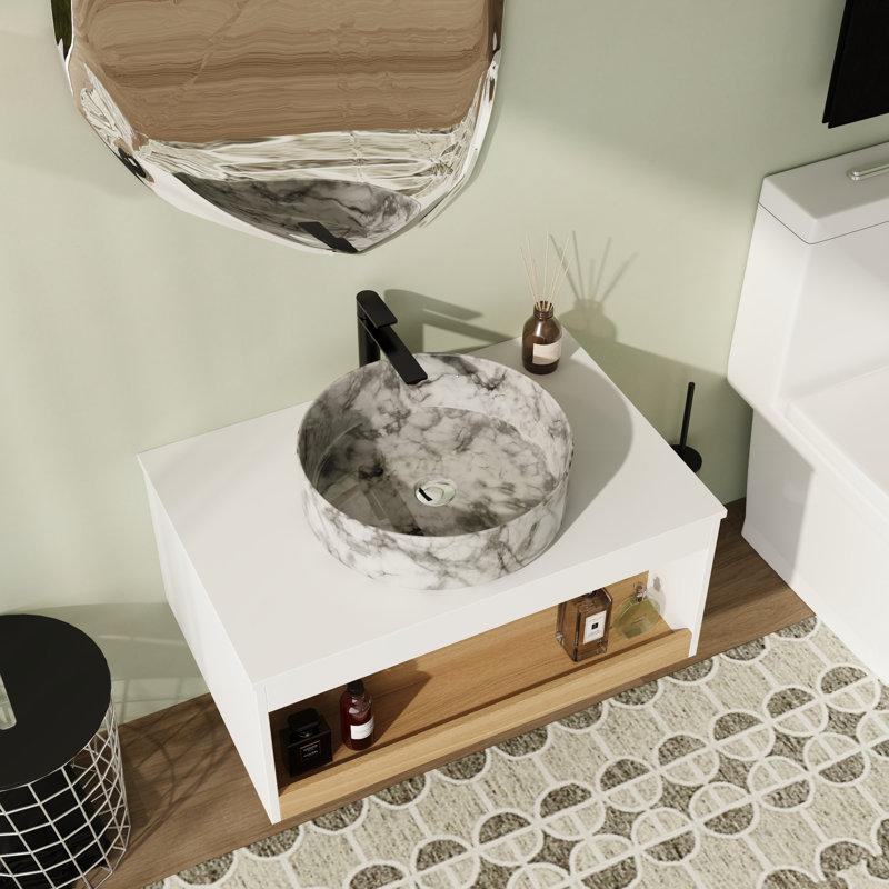 Meuble-lavabo mural simple 30 po avec vasque en céramique, White with grey patterns