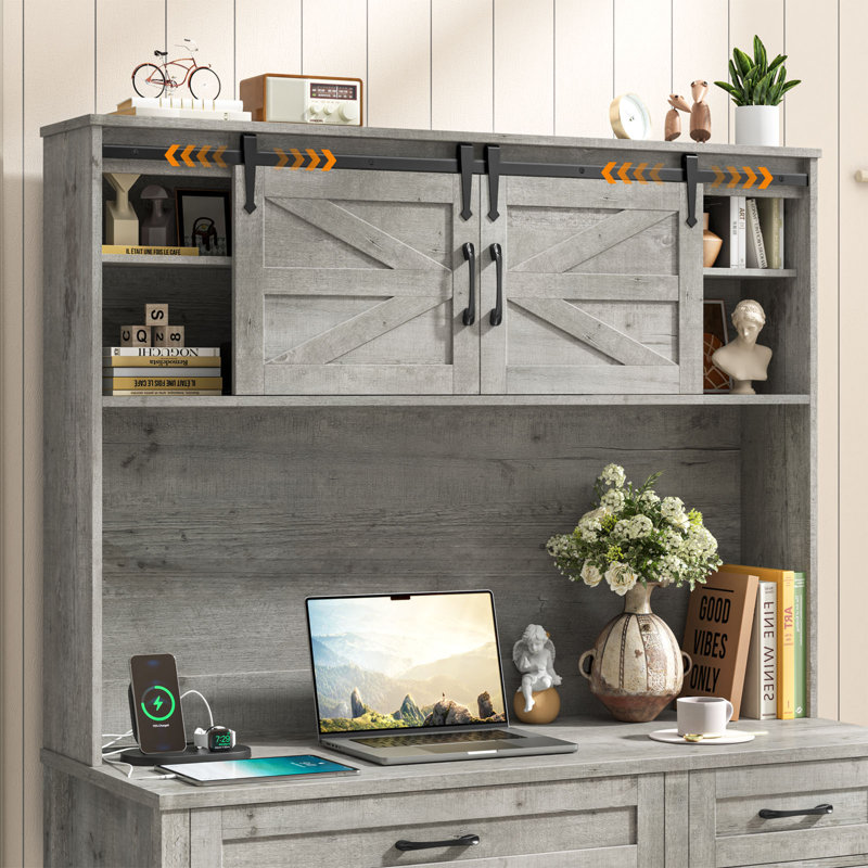 Farmhouse Executive Desk With Hutch & 4 Drawers, Gray
