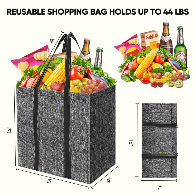 Ensemble de 4 sacs de rangement réutilisables avec fond renforcé et pliable, gris