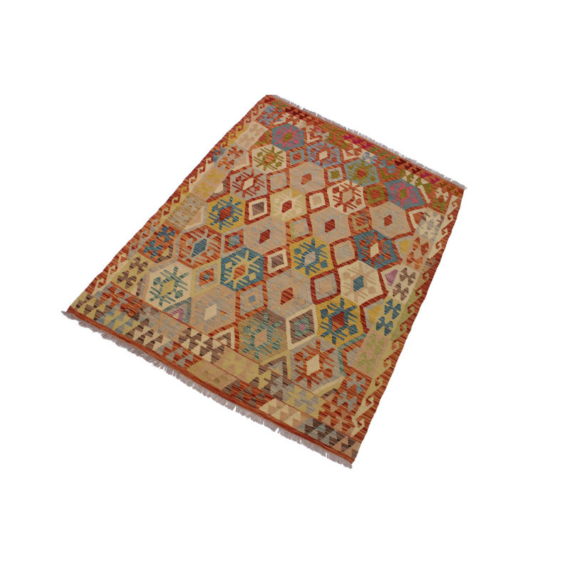 Tapis brun / vert en laine fabriqué à la main 5 pi 1 po x 6 pi 8 po Madee