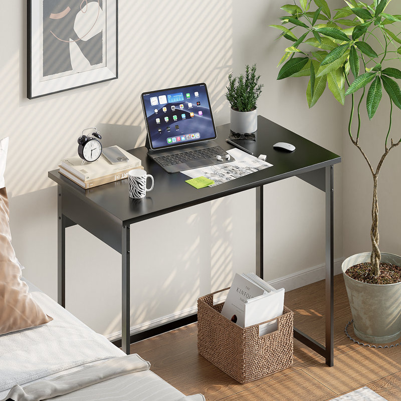 Compact Minimalist Writing Desk–Sturdy Metal Frame Computer Table for Small Spaces,Bedroom,Home Office, Black, 37.4in