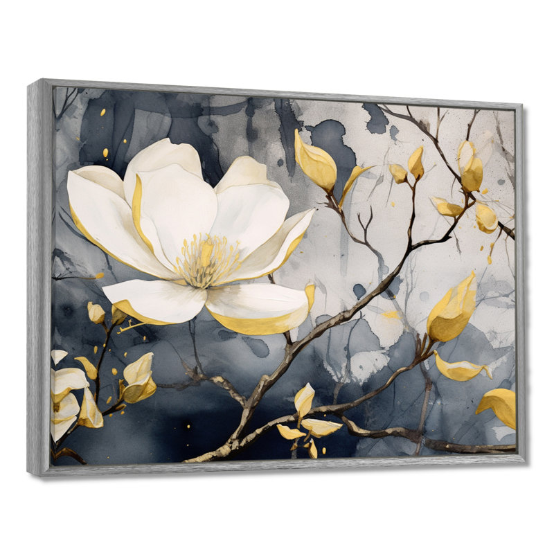 Jaune jaune, gris, magnolia, nature, élégance III - art mural sur toile florale, H 24 po x l 32 po x P 1 po