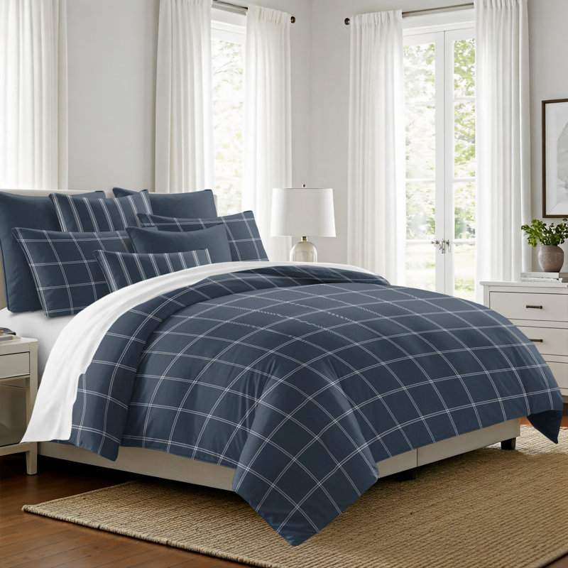 Shay Window Pane Dark Denim Cotton Duvet Cover Set  8 Piece, Queen Duvet Cover + 7 Additional Pieces