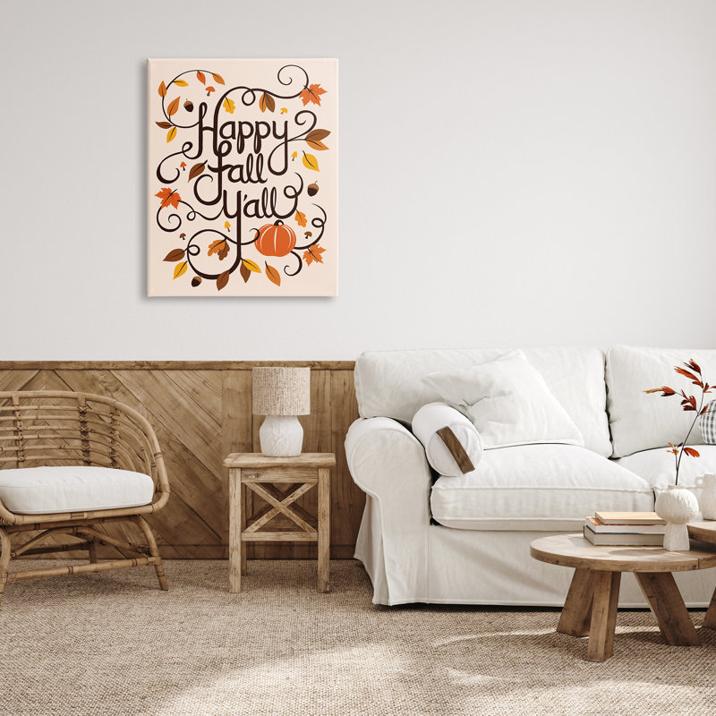"Happy Fall Y'all" Autumn Foliage Acorns par Jo Taylor - Art textuel, H 40 po x l 30 po, Toile tendue