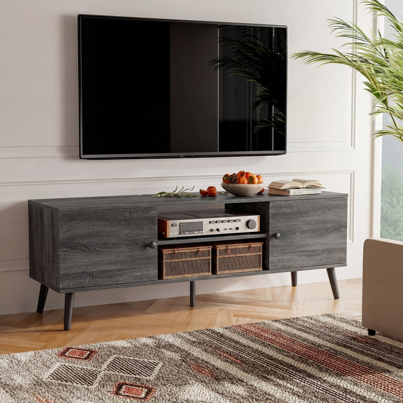 Josebe 65" TV Stand Media Console with Cabinets Adjustable Shelves, Gray Wood