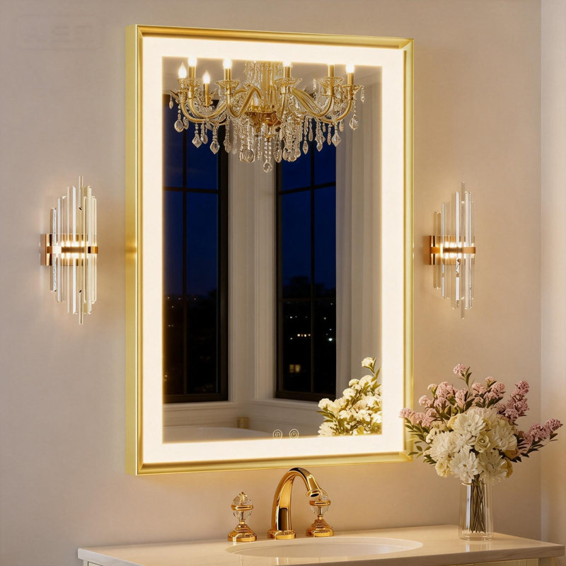 Miroir de salle de bain à DEL avec anti-buée et à intensité variable, miroir mural, Or brossé, 24 po x 32 po