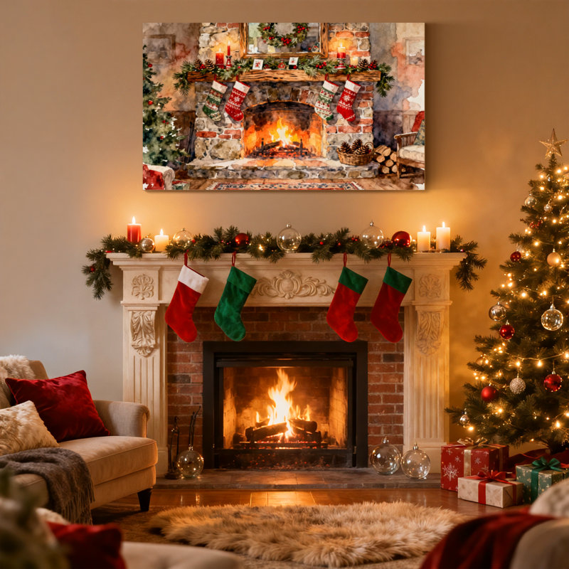 Ensemble de 3 impressions sur toile de Noël avec cheminée et bas de Noël, H 20 po x l 30 po