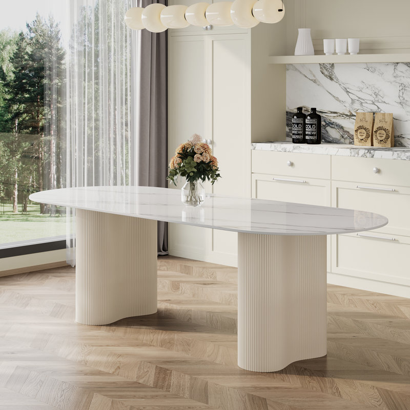 78" Luxury Faux Marble 6- 8 People Oval Dining Table, Double Roman Column White Legs Modern Minimalist Kitchen Table for Living Room Dining Room