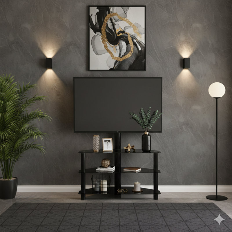 35.4-Inch Black Multi-Functional Television Stand With An Adjustable Height Bracket, Swivel Capability, And Three Tiers.