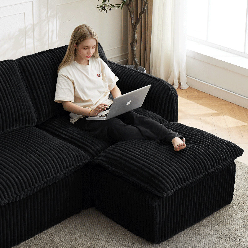 Canapé modulaire avec repose-pieds Boneless, Velours côtelé noir