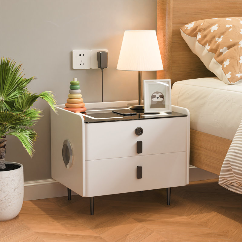 Cathriona 2 - Drawer Nightstand With Fingerprint Lock And Led Lights And Music Player, White