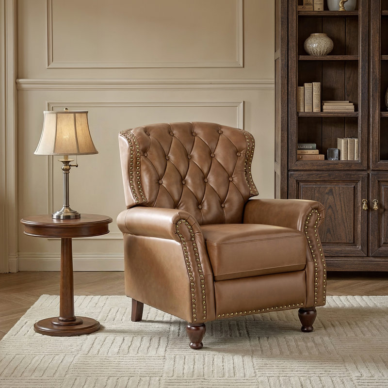 Abruzzino 34.5'' Wide Manual Standard Genuine Leather Recliner, Camel Genuine Leather