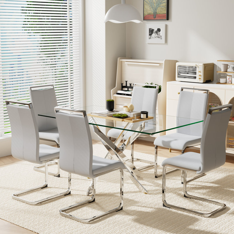 7 PCS,63" Rectangular Tempered Glass Table with 6 PU Leathe Upholstered Chairs, Light Gray/Silver, Silver