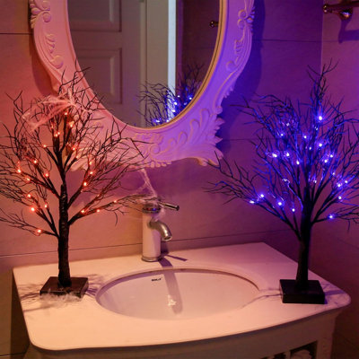 2-Pack 22-Inch Halloween Black Willow Trees with Orange & Purple LED Lights, 24-LED Lighted Branches with 6 Functions, USB & Battery Powered
