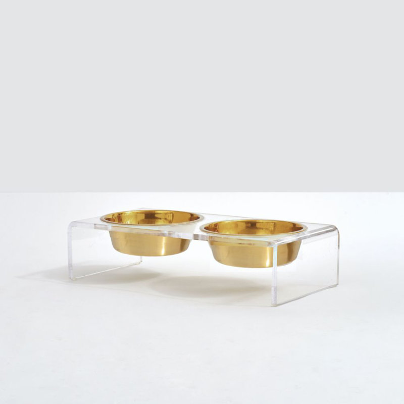 Clear Elevated Feeder with Gold Bowls, 1.5 cups
