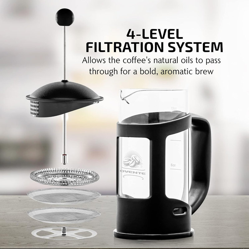 OVENTE French Press Coffee Maker 12 Ounce with Heat Resistant Borosilicate Glass & Stainless Steel 4-Level Filtration System, Portable Cold Brew Coffee Maker for Travel, Camping or Gift, Black FPT12B