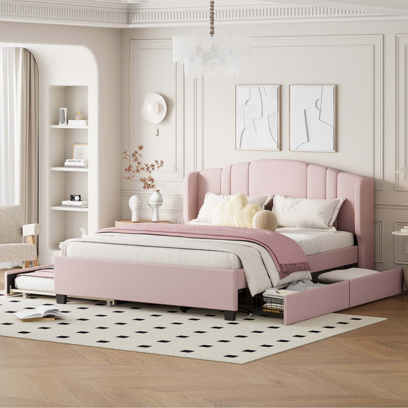 Grand lit plateforme tapissier avec tête de lit à oreilles, lit gigogne simple et 2 tiroirs, Rose