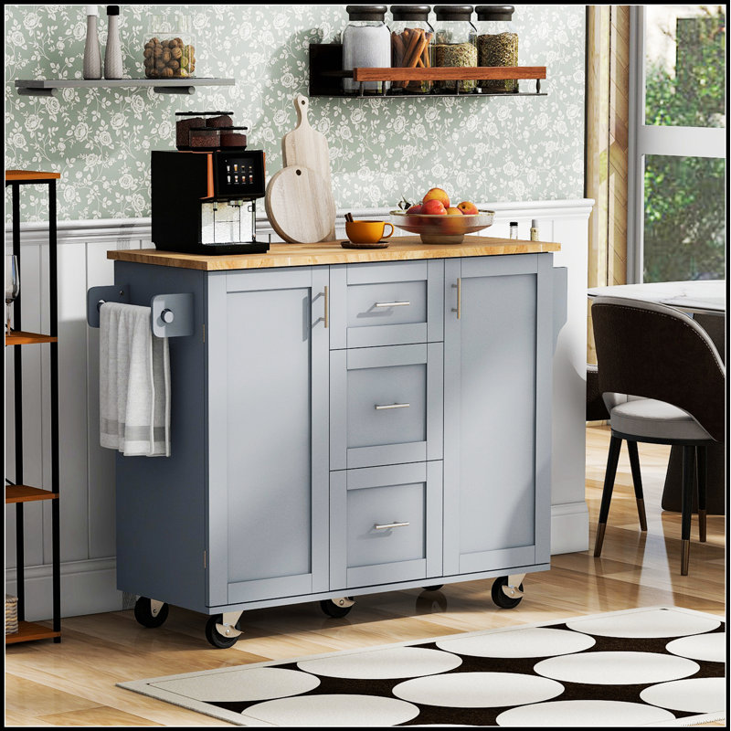 Îlot de cuisine roulant avec rangement, plateau en bois d'hévéa et supports à épices pour les cuisines modernes, Gris